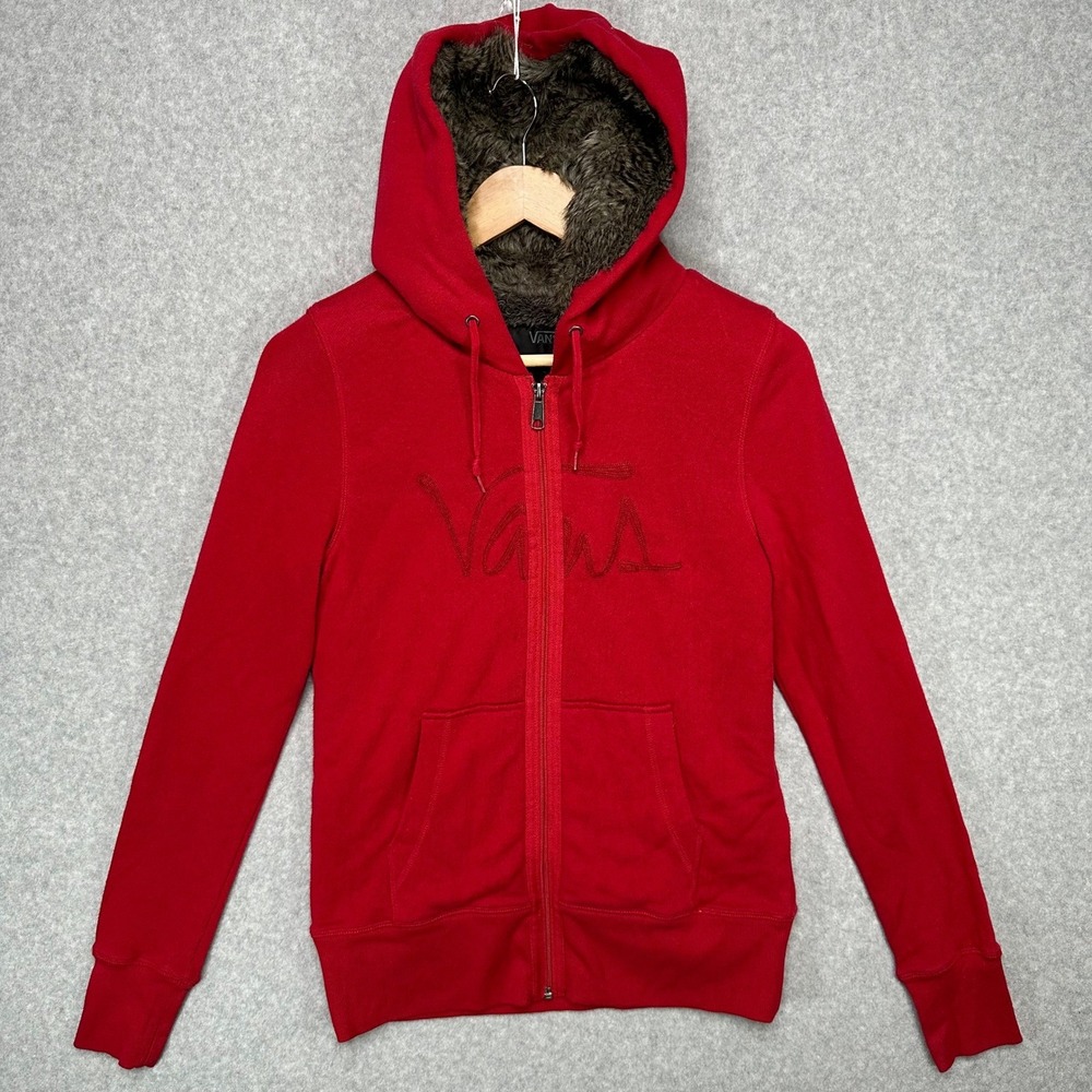 VTG Vans Y2K Red Full Zip Hoodie Fur Lined Hood Womens Size XS